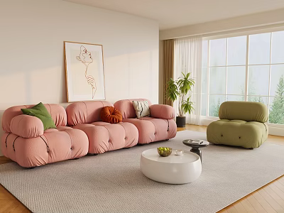 Elegant Living Room With Pink Tufted Sofa Green Armchair Round Coffee Table And Large Windows 3d model