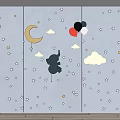 Kids Room Decorative Wall Art With Moon Stars Clouds Balloons Elephant And Small Lights