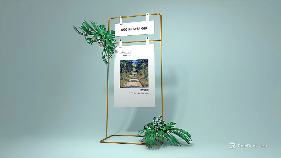 Modern Billboard with Golden Frame Hanging Scenic Poster and Green Plants 3d model 