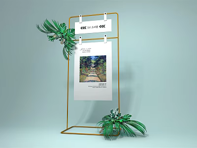 Modern Billboard with Golden Frame Hanging Scenic Poster and Green Plants 3d model