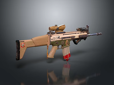 Tan Military Assault Rifle With Scope Graffiti Design And Red Magazine 3d model
