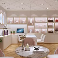 Elegant Boutique Interior With Chandelier Display Cabinets Tables Chairs Wooden Flooring And Round Mirror