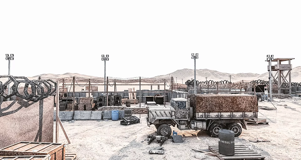 Desert Military Camp Setup Featuring Truck Containers Fences Light Poles Barrels And Sandy Ground 3d model 