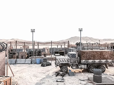 Desert Military Camp Setup Featuring Truck Containers Fences Light Poles Barrels And Sandy Ground 3d model