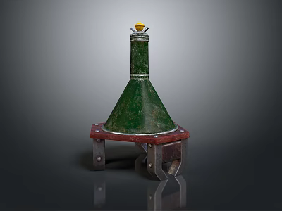 Green Conical Weapon With Red Base Metal Stand And Yellow Top Component 3d model