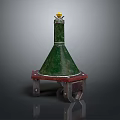 Green Conical Weapon With Red Base Metal Stand And Yellow Top Component