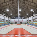 Modern Indoor Basketball Court With Wooden Floor Red Center Blue Seating And Bright Lighting