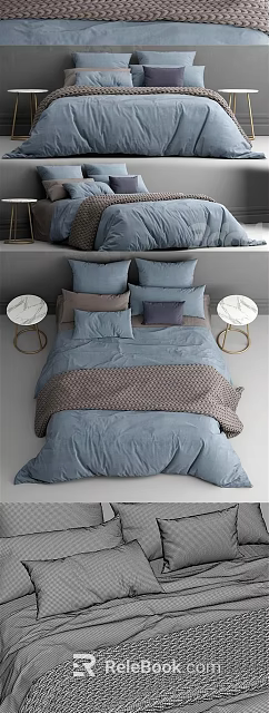 Modern Double Bed Featuring Blue Sheets Multiple Pillows And Marble Bedside Tables With Golden Stands 3d model 