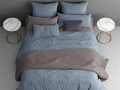 Modern Double Bed Featuring Blue Sheets Multiple Pillows And Marble Bedside Tables With Golden Stands 3d model