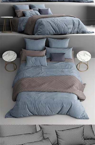 Modern Double Bed Featuring Blue Sheets Multiple Pillows And Marble Bedside Tables With Golden Stands 3d model