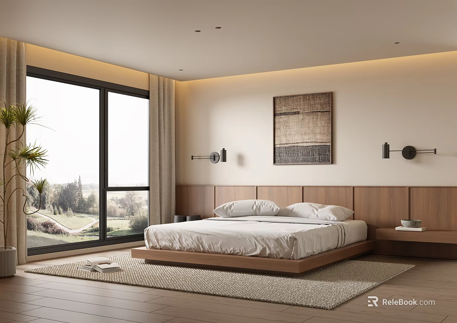 Modern Bedroom Interior With Wooden Headboard Floor to Ceiling Windows And Decorative Artwork 3d model 