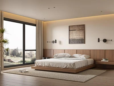 Modern Bedroom Interior With Wooden Headboard Floor to Ceiling Windows And Decorative Artwork 3d model