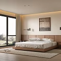 Modern Bedroom Interior With Wooden Headboard Floor to Ceiling Windows And Decorative Artwork