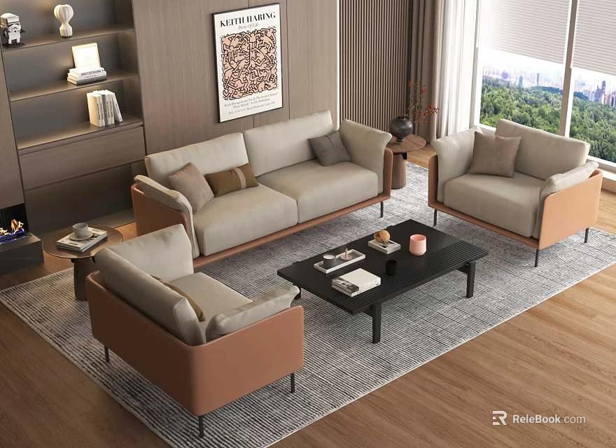 Modern Elegant Sofa and Coffee Table Set with Light Beige Fabric and Brown Accents 3d model 