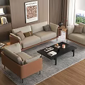 Modern Elegant Sofa and Coffee Table Set with Light Beige Fabric and Brown Accents