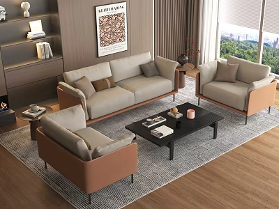 Modern Elegant Sofa and Coffee Table Set with Light Beige Fabric and Brown Accents 3d model