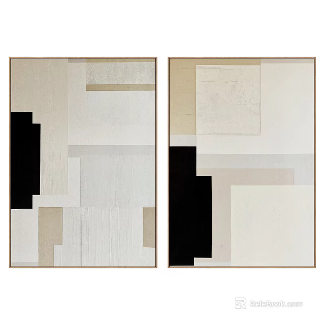 Two Panel Textured Abstract Paintings with Geometric Shapes and Neutral Tones 3d model 