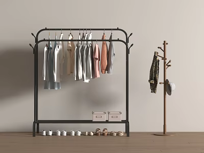 Black Metal Clothes Rack Hanging Colored Clothes with Shoes Storage Boxes and Wooden Coat Rack 3d model