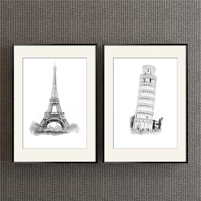 Framed Sketch Landscape Wall Art Featuring Eiffel Tower And Leaning Tower Of Pisa 3d model