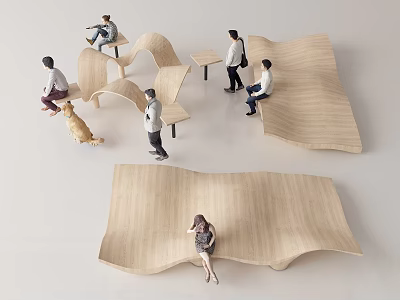 Wave Shaped Wooden Landscape Seats In Modern Design For Public Rest Area With People Sitting 3d model