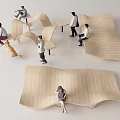 Wave Shaped Wooden Landscape Seats In Modern Design For Public Rest Area With People Sitting