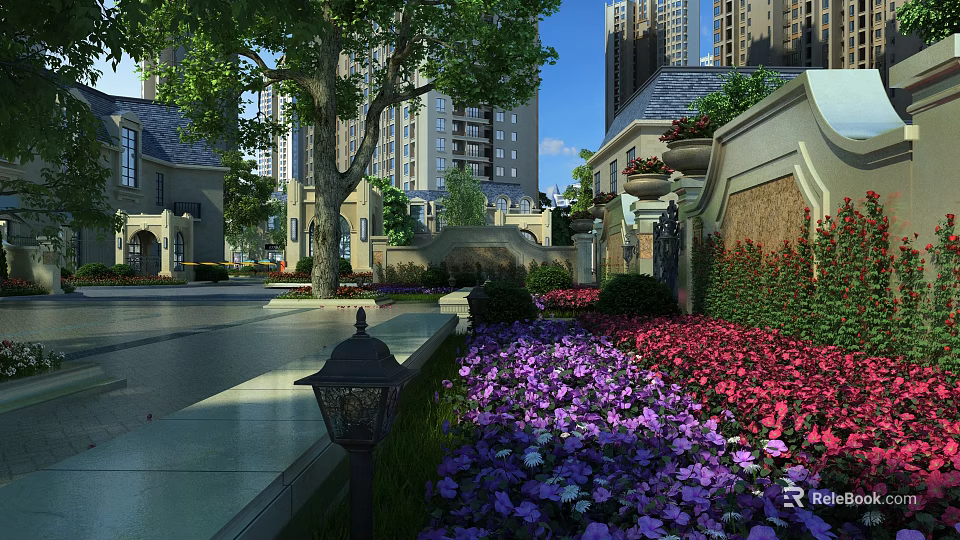 Scenic Residential Landscape With Tall Trees Colorful Flower Beds Lamp Post And Garden Pathway 3d model 