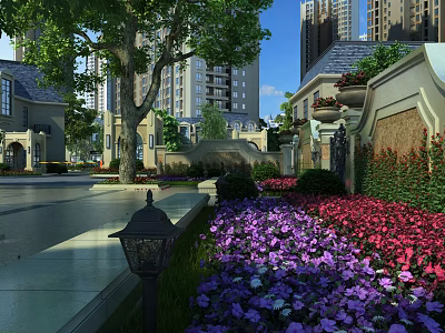 Scenic Residential Landscape With Tall Trees Colorful Flower Beds Lamp Post And Garden Pathway 3d model