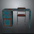 Vintage Distressed Desk And Chair With Turquoise Red Finish Drawer Metal Legs Upholstered Seat