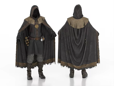 Dark Medieval Hooded Cloak Outfit With Fringed Edges Belt And Boots 3d model Dark Medieval Hooded Cloak Outfit With Fringed Edges Belt And Boots 3d model