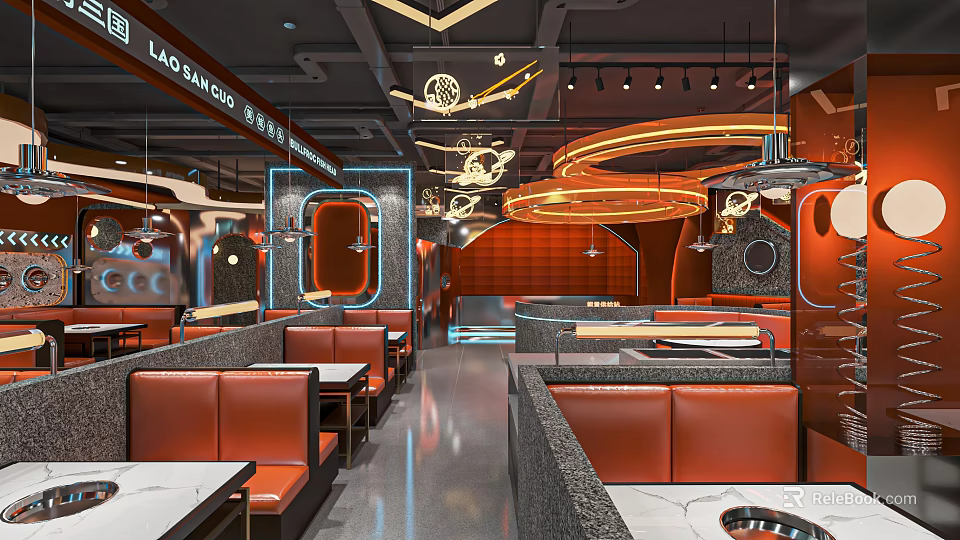 Modern Stylish Hotpot Restaurant Interior With Red Leather Seats Marble Tables And Neon Lights 3d model 