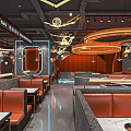 Modern Stylish Hotpot Restaurant Interior With Red Leather Seats Marble Tables And Neon Lights