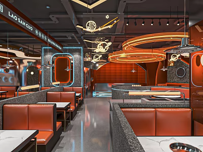Modern Stylish Hotpot Restaurant Interior With Red Leather Seats Marble Tables And Neon Lights 3d model