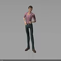 3D Male Character Model Wearing Pink Shirt And Blue Suspenders Standing On Gray Background