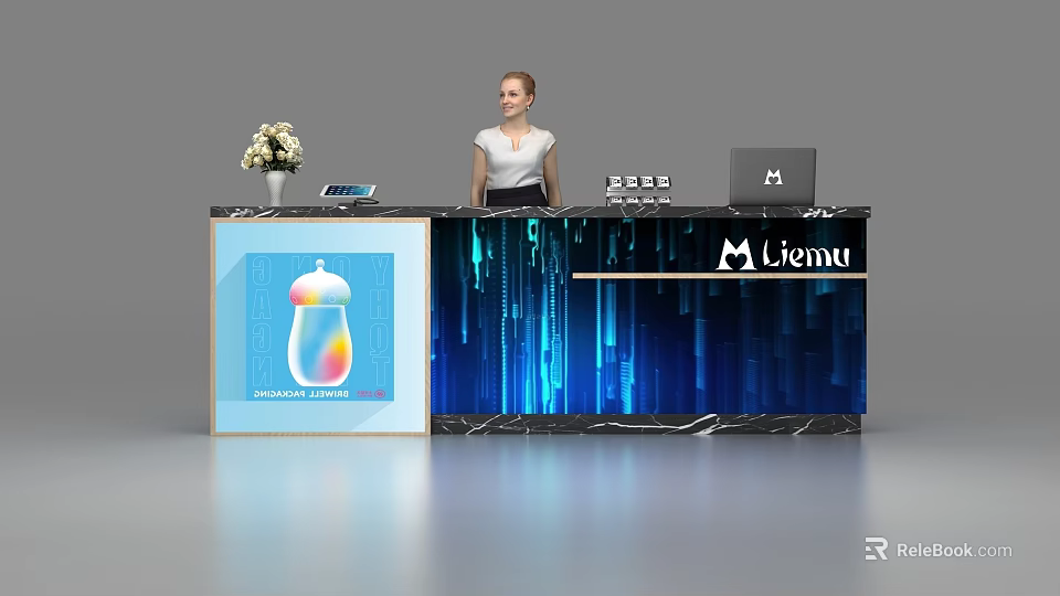 Modern Miemu Reception Desk With Blue Digital Pattern Laptop Flower Arrangement And Display Board 3d model 
