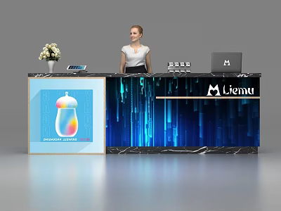Modern Miemu Reception Desk With Blue Digital Pattern Laptop Flower Arrangement And Display Board 3d model