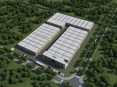 Industrial Warehouse Complex Featuring Multiple Buildings Large Roofs and Green Surroundings 3d model