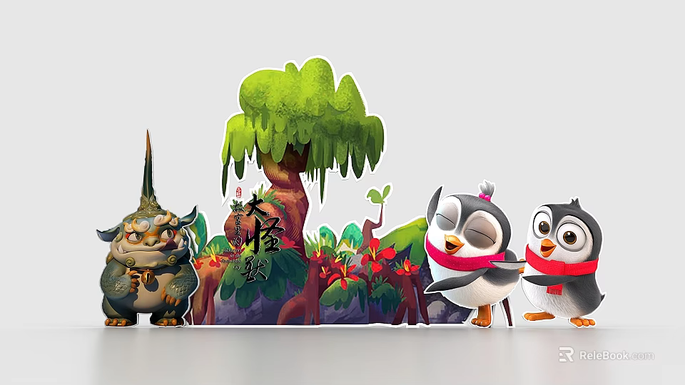 Colorful Cartoon Scene Featuring Cute Penguins Monster Character Green Tree And Flowers 3d model 