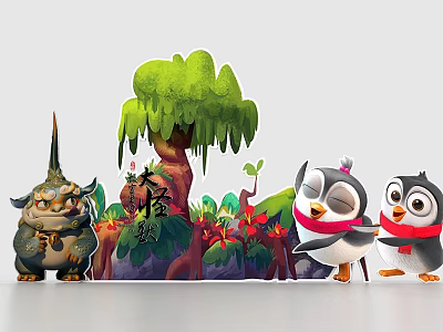 Colorful Cartoon Scene Featuring Cute Penguins Monster Character Green Tree And Flowers 3d model