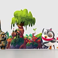 Colorful Cartoon Scene Featuring Cute Penguins Monster Character Green Tree And Flowers