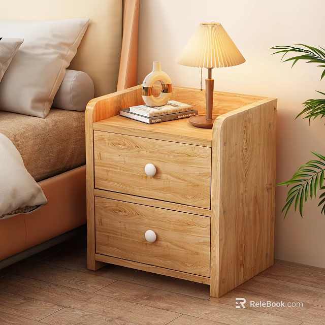 Wooden Nightstand With Two Drawers White Knobs Books Table Lamp Decorative Vase And Plant 3d model 