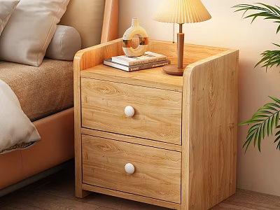 Wooden Nightstand With Two Drawers White Knobs Books Table Lamp Decorative Vase And Plant 3d model
