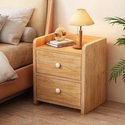 Wooden Nightstand With Two Drawers White Knobs Books Table Lamp Decorative Vase And Plant 3d model