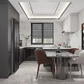 Modern Open Kitchen Interior With Gray Cabinets Marble Countertop Dining Table And Chairs 3d model
