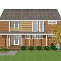 Rural Self Built House Exterior With Wooden Structure Large Windows Porch And Lawn