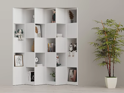 White Decorative Cabinet With Multiple Compartments And Decorative Items Near Green Bamboo Plant 3d model