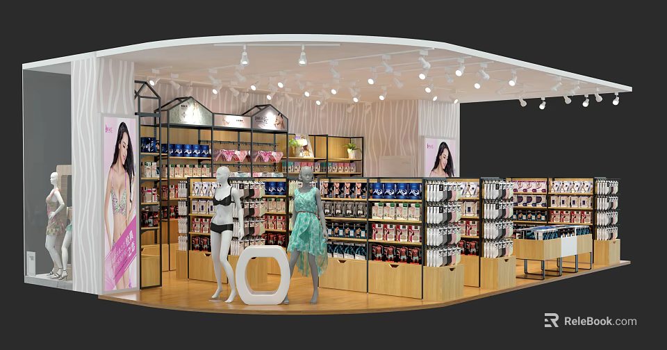 Stylish Clothing Store Interior With Mannequins Clothing Displays Shelves And Lighting 3d model 