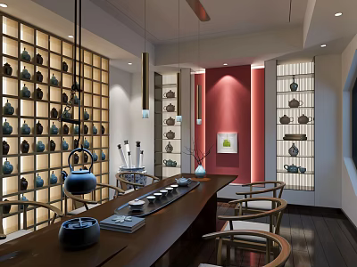 Traditional Tea Room Interior Design With Wooden Table Hanging Lights And Red Wall Displaying Teapots 3d model