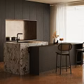 Stylish Modern Dark Dining Table With Marble Kitchen Island And Comfortable Rattan Bar Stools