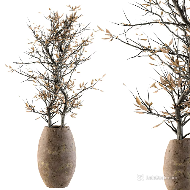 Elegant Textured Ceramic Vases With Golden Leaf Branches For Interior Decor 3d model