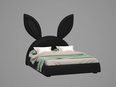 Black Double Bed With Rabbit Ear Headboard And White Light Green Pillows 3d model